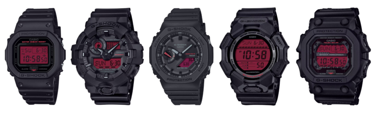 Da esquerda para a direita: DW-5600BBR-1, GA-700BBR-1A, GA-B2100BBR-1A, GD-010BBR-1 e GX-56BBR-1. (Fonte da imagem: Casio)