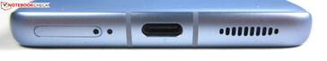 fundo: slot duplo SIM, microfone, USB-C 2.0, alto-falante