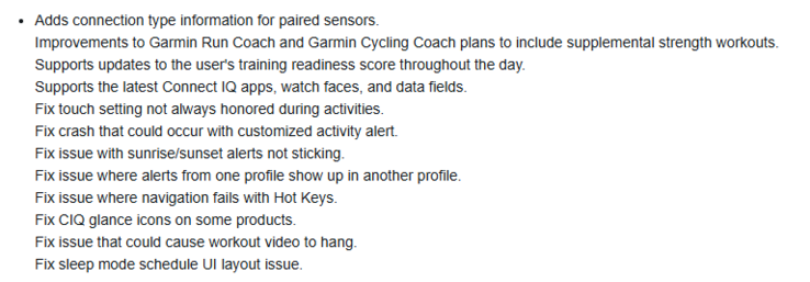 O registro de alterações da versão beta 22.12 para vários smartwatches Garmin Forerunner. (Fonte da imagem: Garmin)