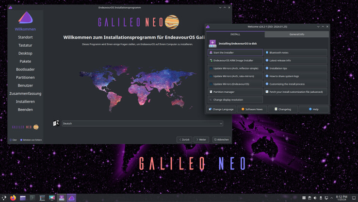 Uma olhada na área de trabalho do KDE Plasma do EndeavourOS Galileo Neo (Imagem: EndeavourOS).