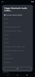 Codecs de áudio Bluetooth disponíveis