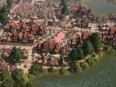 Uma imagem mostrando edifícios em Farthest Frontier, atualmente com 50% de desconto na Steam.