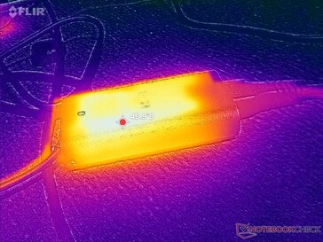 O adaptador CA atinge mais de 46 °C ao operar cargas exigentes