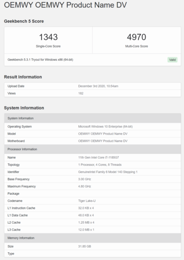 Microsoft Surface Pro Intel Core i7-1185G7 Geekbench - CPU. (Fonte: Geekbench)