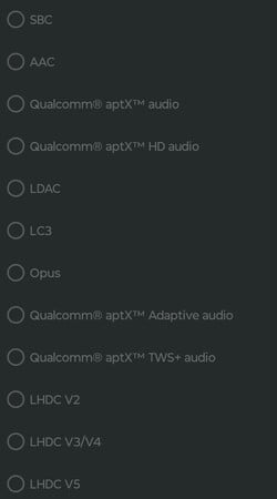 Codecs de áudio Bluetooth disponíveis