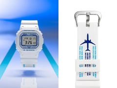 Na foto - O relógio colaborativo Casio x ANA DW-5600, ao lado de um close da pulseira com detalhes com tema de aviação. (Fonte da imagem: @geesgshock no Instagram - editado)