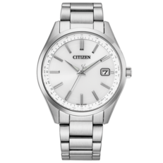 Relógio Citizen CB0300-53A Eco-Drive com controle por rádio, mostrador branco, caixa e pulseira em aço inoxidável, índices tipo bastão aplicados e janela de data às 3 horas.