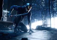 Personagem de Ghostrunner segurando uma espada em um arranha-céu