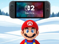 Mario em pé sob o Switch 2 em um cenário de inverno (Fonte da imagem: Nintendo of America com edições)