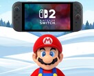 Mario em pé sob o Switch 2 em um cenário de inverno (Fonte da imagem: Nintendo of America com edições)