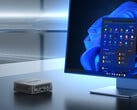 O NUC150 pode ser equipado com o Intel N150 ou o Core 3 N355. Na foto: uma imagem promocional do mini PC ao lado de um monitor. (Fonte da imagem: Minix)