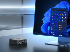 O NUC150 pode ser equipado com o Intel N150 ou o Core 3 N355. Na foto: uma imagem promocional do mini PC ao lado de um monitor. (Fonte da imagem: Minix)