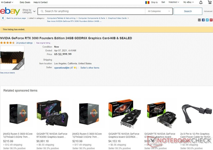 NVIDIA GeForce RTX 3090 Founders Edition vendido no eBay por US$2.999,99 e outros preços insanos (Fonte: Própria)