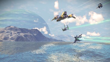 Uma imagem mostrando naves espaciais no No Man's Sky.