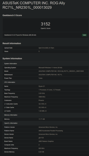 Asus ROG Ally on Geekbench (imagem via Geekbench)