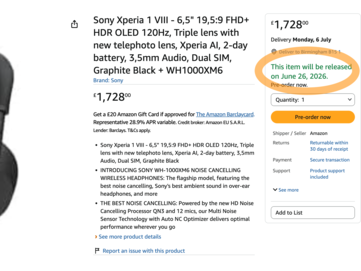 A listagem da Amazon confirma que o Xperia 1 VIII deve ser lançado em 26 de junho.