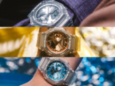 De baixo para cima, o Casio GA2100BM-7A2, GA2100BM-7A5 e GA2100BM-7A8. (Fonte da imagem: Casio)
