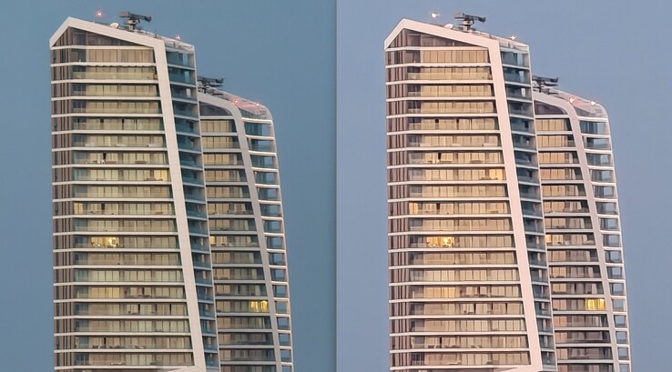 Esquerda: Com teleconversor a 200 mm. À direita: Sem teleconversor.