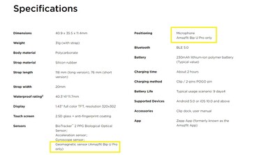 Diferenças de especificação Bip U vs Bip U Pro. (Fonte da imagem: Amazfit Índia)