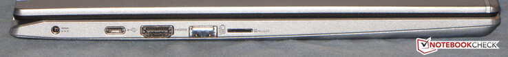 Lado esquerdo: porta de alimentação, USB 3.2 Gen 2 (Tipo C), HDMI, USB 3.2 Gen 1 (Tipo A), leitor de cartões de armazenamento (microSD)