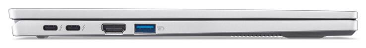 Lado esquerdo: 2x Thunderbolt 4/USB 4 (USB-C; Power Delivery, DisplayPort), HDMI, USB 3.2 Gen 1 (USB-A)