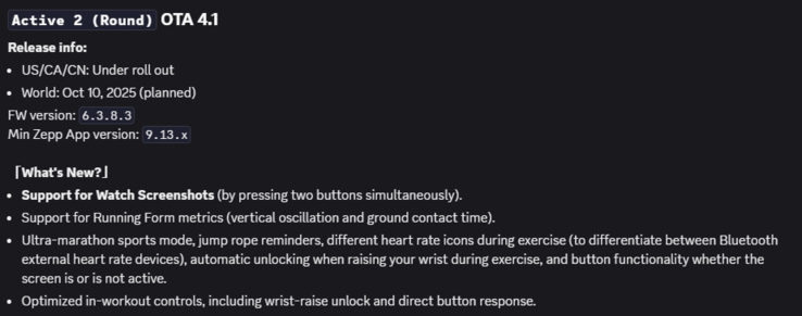 As notas de lançamento da versão 6.3.8.3 do firmware para o smartwatch Active 2 (Round). (Fonte da imagem: Amazfit via Discord)