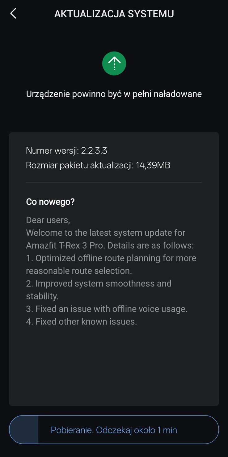 As notas de lançamento da atualização da versão 2.2.3.3 para o smartwatch Amazfit T-Rex 3 Pro. (Fonte da imagem: Amazfit)