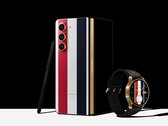 O Galaxy Z Fold5 e o Galaxy Watch6 em suas cores Thom Browne Edition. (Fonte da imagem: Samsung)