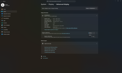 Configurações de tela avançadas do Windows com opções de taxa de atualização