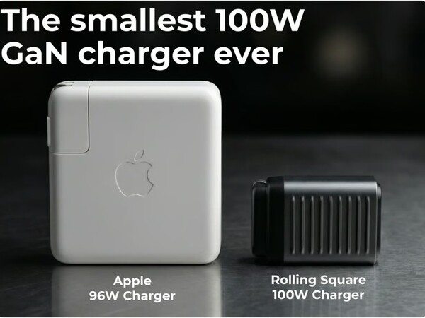 O carregador Supertiny 100W GaN é uma fração do tamanho do carregador de um MacBook.