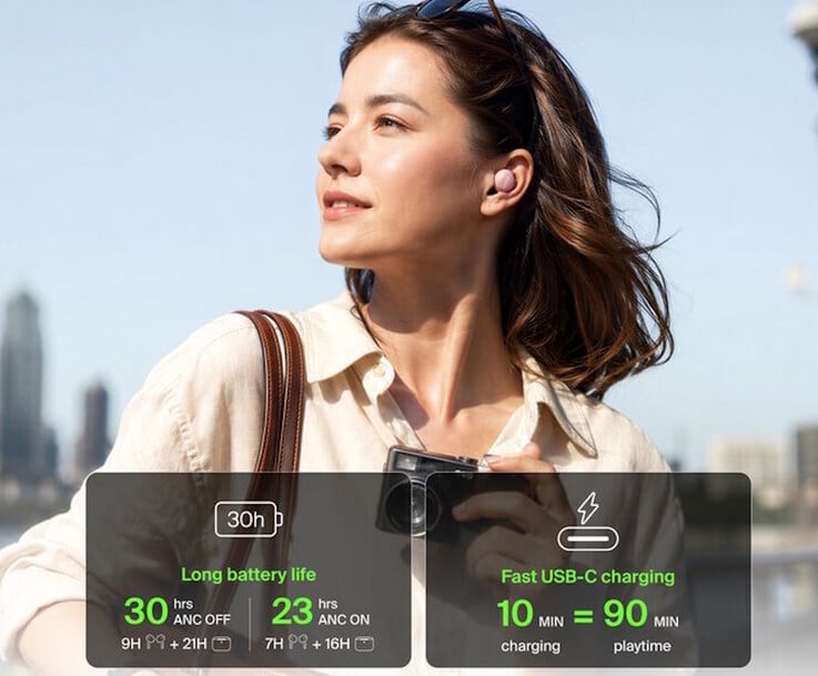 Os fones de ouvido Belkin SoundForm Dot ANC oferecem autonomia de vários dias quando utilizados com o estojo de recarga.