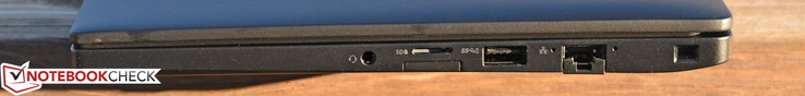 Right: Combo audio port, Micro-SD, Sim card, USB 3.0 (powered), Gigabit Ethernet, Kensington Lock