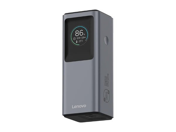 O novo banco de energia da Lenovo tem uma tela que mostra informações importantes.