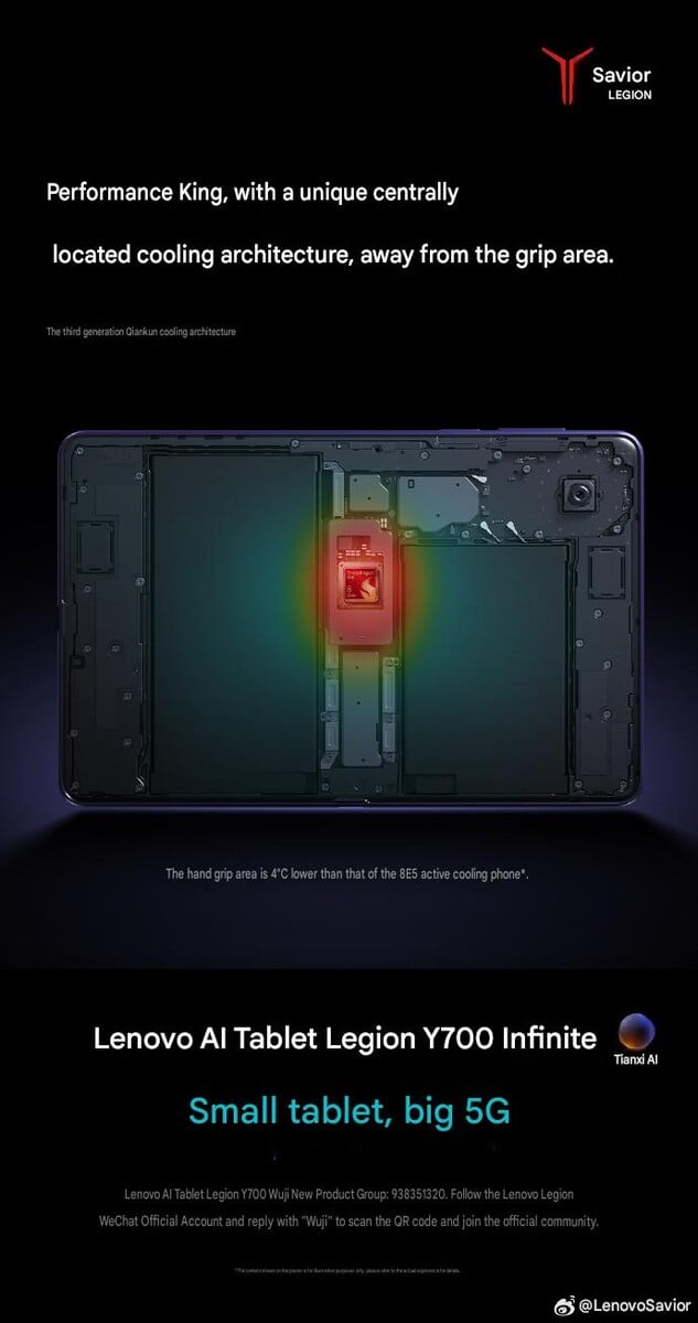 Layout interno do Lenovo Legion Y700 Infinite, mostrando o processador Snapdragon posicionado centralmente e a arquitetura térmica projetada para manter a área de pegada do tablet mais fria durante os jogos.