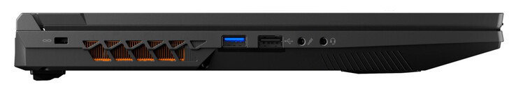 Lado esquerdo: slot para trava de cabo, USB 3.2 Gen 1 (USB-A), USB 2.0 (USB-A), entrada de microfone, combinação de áudio