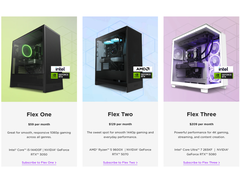 Uma captura de tela do programa de assinatura de aluguel de PCs NZXT Flex, destacando os diferentes níveis disponíveis para os consumidores