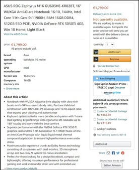 Zephyrus M16 specs. (Fonte da imagem: Amazon Itália - tradução automática)