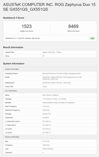 Asus ROG Zephyrus Duo 15 SE com Ryzen 9 5980HX e RTX 3080 - CPU Geekbench. (Fonte: Geekbench)