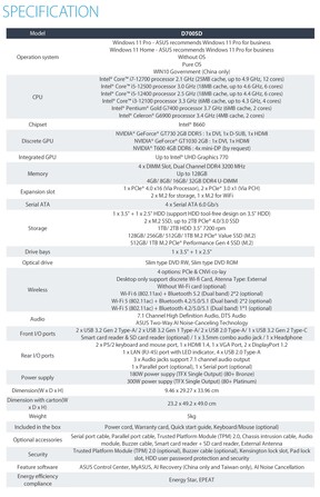 Asus ExpertCenter D7 SFF PC - Especificações. (Fonte de imagem: Asus)