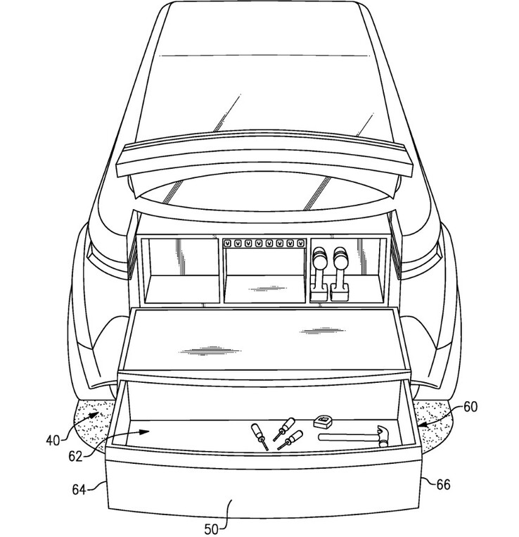 A Ford parece pretender que o complemento do porta-malas da F-150 Lightning seja uma superfície de trabalho, considerando todo o espaço prático e os recursos que ele contém. (Fonte da imagem: Publicação do pedido de patente dos EUA)