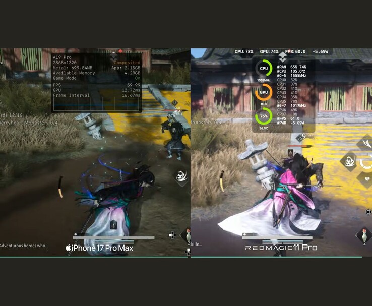 Onde os ventos se encontram Comparação de desempenho móvel entre o iPhone 17 Pro Max e o RedMagic 11 Pro com métricas na tela (Fonte da imagem: Dame Tech via YouTube)