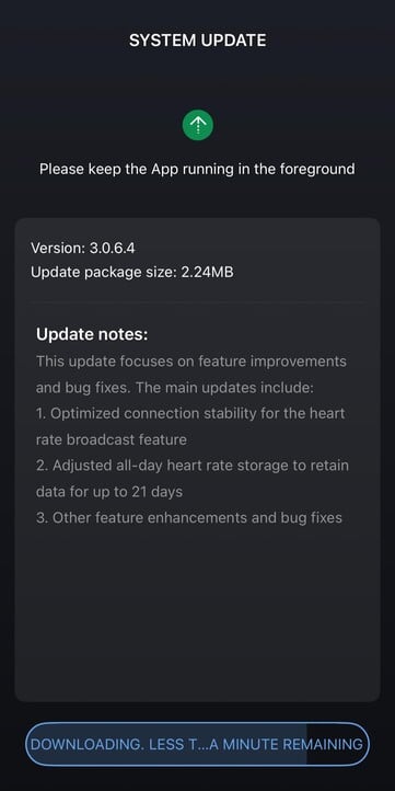 As notas de lançamento do software Amazfit Helio Strap versão 3.0.6.4. (Fonte da imagem: Amazfit)