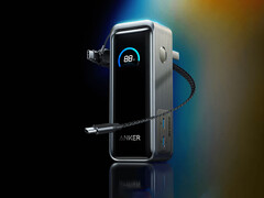 O modelo atualizado tem um cabo USB-C com 22 cm de comprimento. Foto: imagem promocional mostrando a parte frontal do power bank. (Fonte da imagem: Anker - editado)