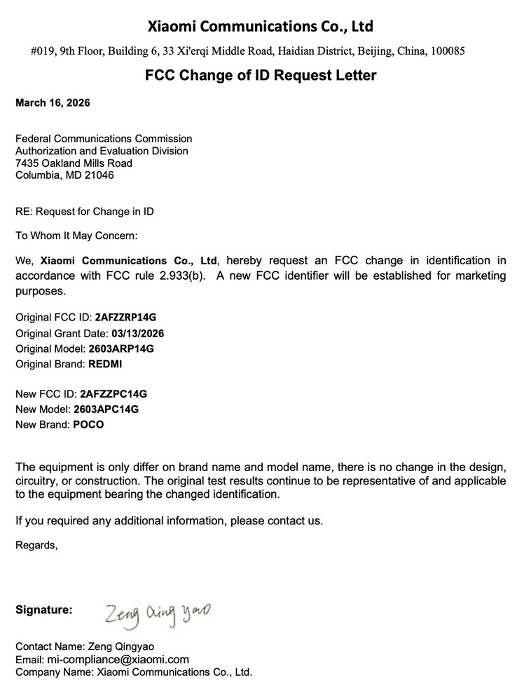 A carta de solicitação de alteração de ID confirma que o novo tablet é um Redmi Pad 2 9.7 com nova marca.