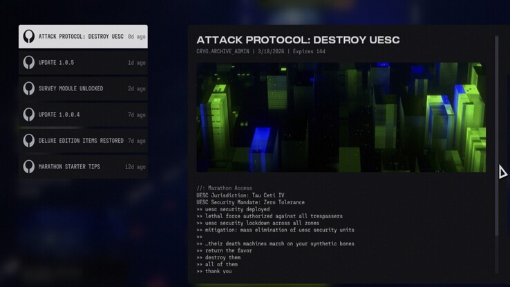 Painel de notícias da maratona mostrando a atualização 1.0.5 e informações sobre novos conteúdos relacionados.