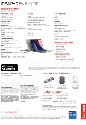 Lenovo IdeaPad Pro 5i 16 - Especificações. (Fonte: Lenovo)