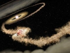 Uma imagem editada mostrando uma estrela e um buraco negro.