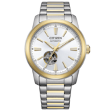 Relógio automático Citizen NH9154-51A em dois tons, com mostrador prateado, luneta e elos centrais da pulseira em tom dourado, e um mostrador “open-heart” acima das 6 horas.