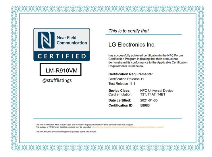 A @stufflistings identifica o "LG Rollable" com certificação NFC. (Fonte: NFC Forum via Twitter)