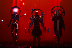 Teaser do Gatekeeper Steam mostrando três guardiões com um fundo vermelho
